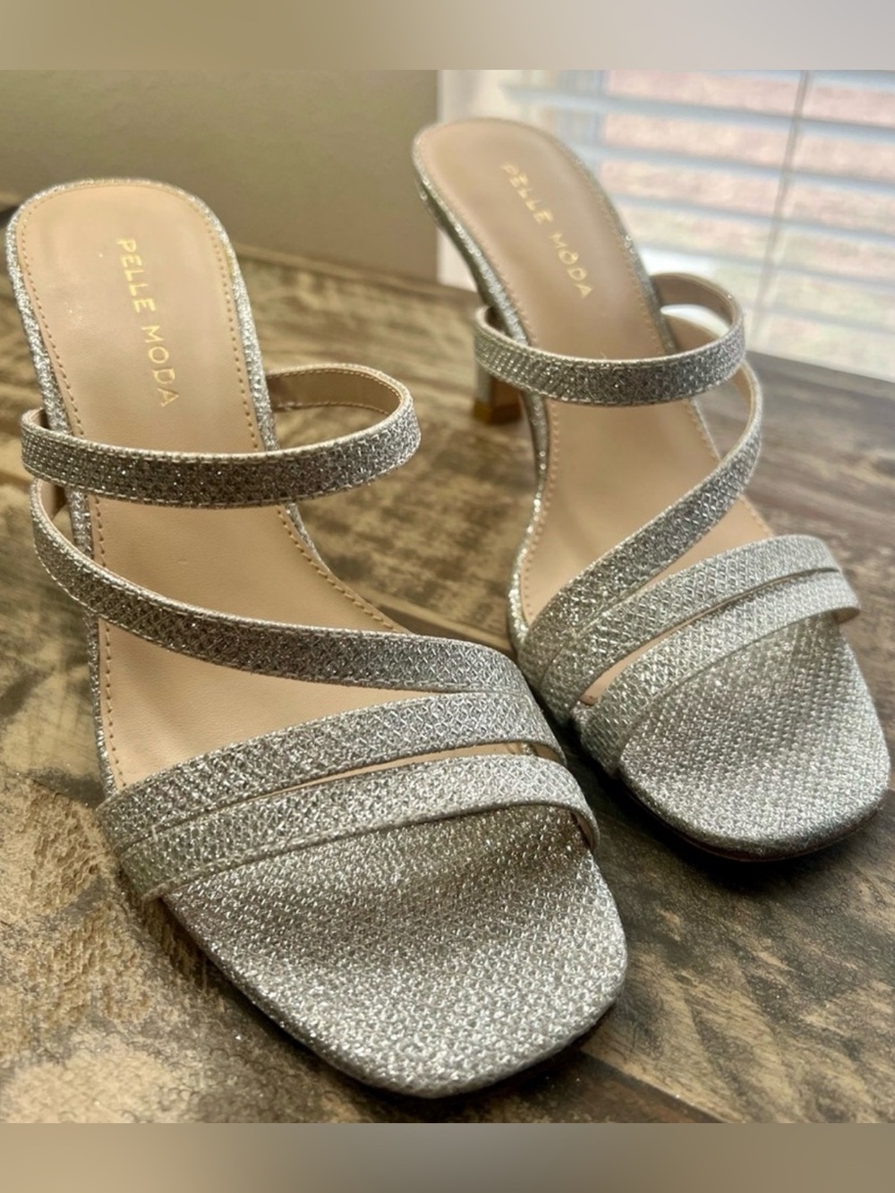 Pelle Moda Sparkle Silver Strappy Mid-Heel Sandals